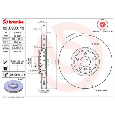 Imagen de BREMBO 09.D900.13 disco de freno 395 36 5 ventilación interna, dos piezas revestido altamente carbonizado con tornillos BMW: X6, X5