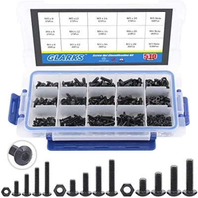 Imagen de Glarks 510 tornillos de cabeza botón aleación acero M3 M4 M5 con kit surtido tuercas, acabado óxido negro (cabeza botón)
