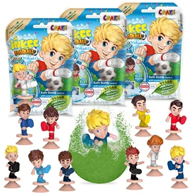 Imagen de INKEE Pack de 3 Bombas baño para niños con figura Sorpresa Jugador Fútbol, aroma a Palomitas, Color verde o azul, 1 6 diseños
