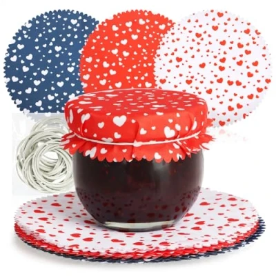 Imagen de COM FOUR® 30x blondas decorativas para tarros de conserva mermelada con bandas elásticas decoración cristal (30 piezas azul/rojo/blanco)
