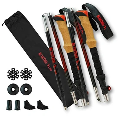 Imagen de AltaiTrek Pro Bastones de Trekking Fibra Carbono Plegables con Sistema Bloqueo rápido, ultraligeros para Senderismo, Camping montaña. Mango Corcho Natural. Par