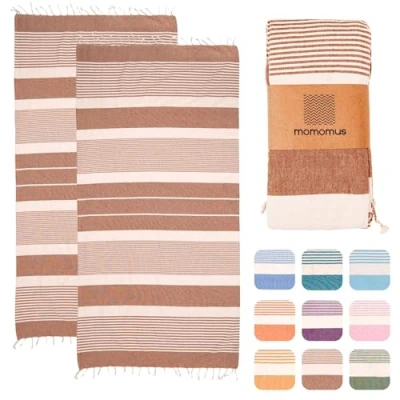 Imagen de MOMOMUS Pack de 2 Foutas XL o Toallas Playa Grandes Algodón 100% Absorbente, Ultrasuave, Compacta Ideal como Pareo y Toalla para Sauna, SPA Piscina Marrón, 90x180cm
