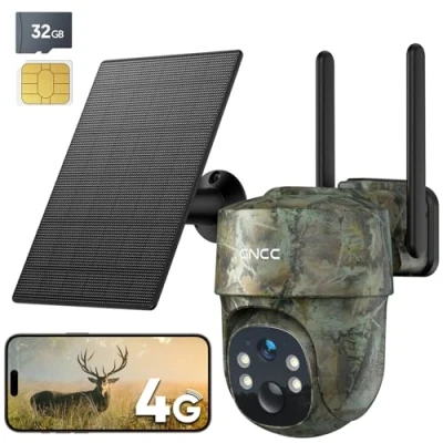 Imagen de GNCC 4G LTE Camara Fototrampeo de Caza 360PTZ, 2K Cámara Vigilancia Solar con Tarjeta SIM, Visión Nocturna en Color/Infrarrojos, Audio Bidireccional, IP65 Impermeable, para y Monitoreo Remoto