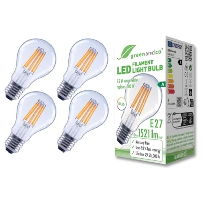 Imagen de greenandco 4x bombilla de filamento LED transparente E27 A60 7,2W 1521lm sustituye A 100W 3000K blanco cálido 320 230V sin parpadeo clase energética no regulable