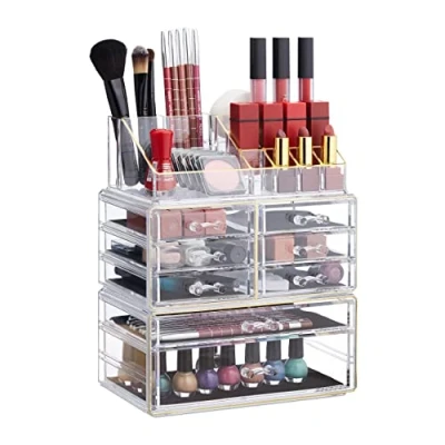 Imagen de Relaxdays, Transparente Dorado Organizador de Maquillaje con cajones, Fibra acrílica, Neceser apilable, 30 x 24 1