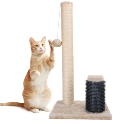 Imagen de Nobleza Rascador para Gatos, Poste de Cuerda Sisal Natural con Bolas Juguete y Peine Silicona 60x30x30cm Color Beige