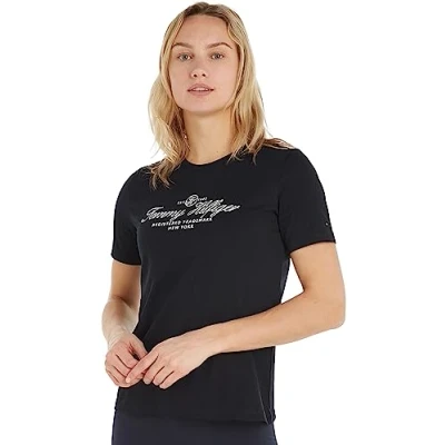 Imagen de Tommy Hilfiger Mujer Camiseta Manga Corta Cuello Redondo, Azul (Desert Sky), S