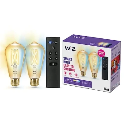 Imagen de WiZ Bombilla Wifi LED Filamento Vintage Regulable Blancos ST64 50w E27 pack 2 control remoto Luz blanca de cálida a fría, 2700 6500K, 6.7W (equivale 50 W), A+