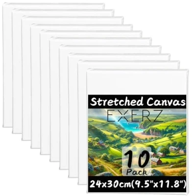 Imagen de Exerz Lienzo Preestirado 24x30cm 10 piezas, Lienzos Enmarcados de 1,7 cm, 280 g/m², 100% Algodón, Triple Imprimación, Sin Ácidos, Grano Medio, Ideal para Pintura Acrílica y Óleo