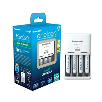 Imagen de eneloop Basic Cargador, para 2 o 4 Pilas Recargables AA/AAA, 10h de Tiempo Carga, 6 Funciones Seguridad, AAA (800 mAh) Incluidas