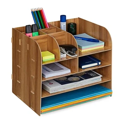 Imagen de Relaxdays Organizador Escritorio Documentos, 10 Compartimentos, 27,5x32,5x25 cm, Cajonera Sobremesa MDF, Marrón Oscuro, Tablero de Fibras