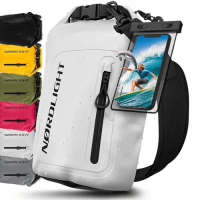 Imagen de Nordlight Bolsa Estanca Impermeable + Funda para Móvil, Cierre Enrollable, Correa Hombro Drybag Mochila Saco Estanco de Transporte Náutica Playa Sup Blanco, 10 litros
