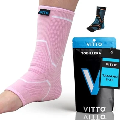Imagen de VITTO Soporte de tobillo para esguince tobillo, artritis, dolor en las articulaciones, tensiones, lesiones, recuperación, rehabilitación, deportes, manga compresión multizona (XL, rosa)