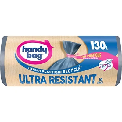 Imagen de Handy Bag Bolsas de basura con enlace, muy resistente, 130 x 10 bolsas, fondo antifugas, sellado máximo, enlace práctico adjunto a la parte superior bolsa, 100% plástico reciclado