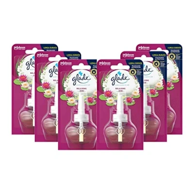 Imagen de Glade Recambio para Ambientador Eléctrico Líquido con Aceites Esenciales, Aroma Relax Zen, Hasta 100 Días Pack de 6 x 20 ml (Total: 120 ml)