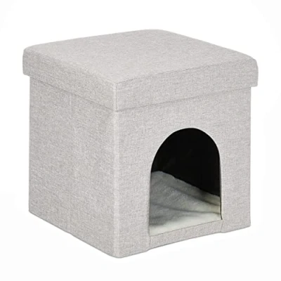 Imagen de Relaxdays Cama Cueva para Gatos con Taburete, Escondite Cojín Gatitos, Perros Cachorros, MDF, 38,5x37x37 cm, Beige, Tablero de Fibras
