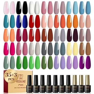 Imagen de ROSALIND Esmalte Semipermanente, 38Pcs Mini Pintauñas Semipermanentes Remojo con Base, Top Coat Brillante y Mate, 35Colores de Set Uñas Rosa Negro Blanco