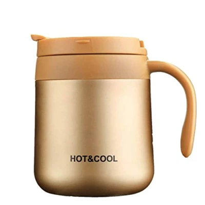 Imagen de Gteller taza de café acero inoxidable 12 onzas, aislada al vacío doble pared con tapa y asa para mantener la bebida caliente fría (dorada)