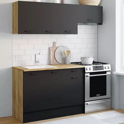 Imagen de IDMarket Cocina completa 180 cm SUBTIL con encimera 5 elementos madera y negro