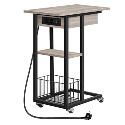 Imagen de HOOBRO Mesa Auxiliar con Estación de Carga, Centro Abatible en Forma C Ruedas y Estante Almacenamiento, Puertos USB Tomas Corriente, para Salón Dormitorio, Greige Negro EBG022SF01