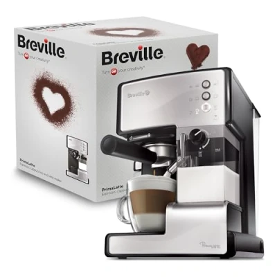 Imagen de Breville PrimaLatte Cafetera para espresso, cappuccino y latte Bomba con 15 bar Adecuado café molido monodosis Depósito tratamiento de leche integrado Metálico/negro VCF045X
