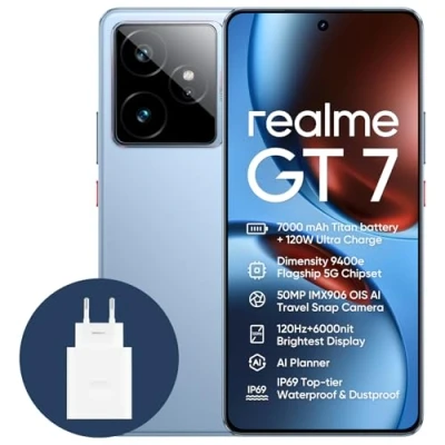 Imagen de realme GT7 5G Smartphone,12+256GB, Batería de 7000 mAh,Carga 120W,Procesador Dimensity 9400e,IMX906 50MP Cámara,AI Planner,Pantalla Pro Esports 6000 nits120Hz,IP69,Azul,Exclusivo Amazon