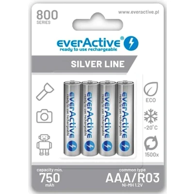 Imagen de everActive Batería AAA 800 mAh 2 Unidades, NI MH, Micro R03, Pilas Recargables, precargadas, Silver Line 1,2 V, 1 blíster