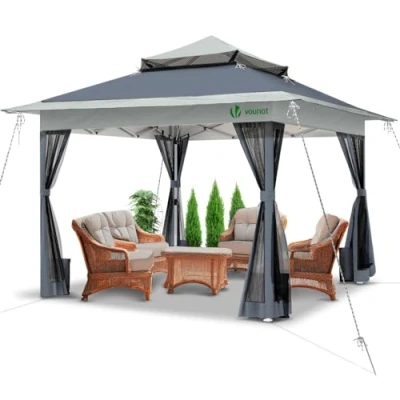 Imagen de VOUNOT Carpa Plegable Gazebo 3.6x3.6m con Laterales de Malla, Cenador Pabellón Pop Up Jardín Techo Doble y Bolsas Arena, Protección UV, para Camping, Fiestas, Exterior, Gris