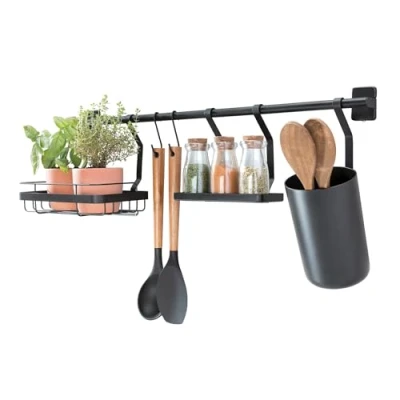 Imagen de iDesign Austin Estante De Pared, Barra Metal para Especias Y Utensilios Cocina, Negro Mate, 63,5 Cm X 14,6 24,1