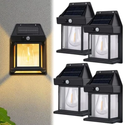 Imagen de Qosigote 2023 New Outdoor Solar Wall Lamp, Tungsten Light, Wireless Dusk to Dawn Motion Sensor, Waterproof Sensors Lights (Black,4 Pcs)