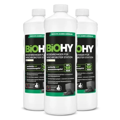 Imagen de BiOHY Limpiador de suelos para robot fregado con aroma fresco (3 x 1 litro) detergente concentrado todos los robots limpieza función húmeda sin espuma y rayas