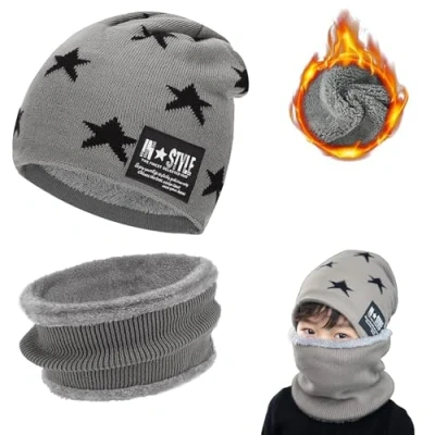Imagen de Huifengjie Gorro de Invierno para niños, Gorra con Bufanda Punto Forro Lana Niños y Niñas, Sombrero Caliente tubular, Accesorios Unisex, Gris