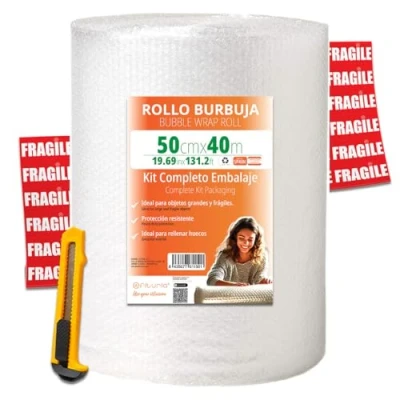 Imagen de OFITURIA Papel burbujas Embalaje 50cm x 40m kit completo con Cutter + 12 Etiquetas FRÁGIL para mudanza, embalaje, plástico de