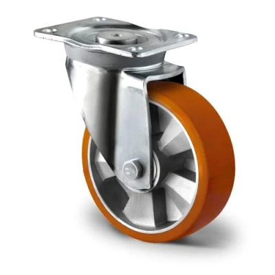 Imagen de Abrollwerk Rueda giratoria para carga pesada sin freno, llanta de aluminio, poliuretano, diámetro 125 mm, doble rodamiento bolas, dinámica 500 kg (rueda freno)