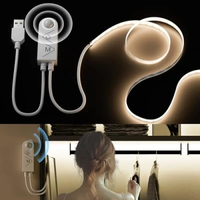 Imagen de PAUTIX USB 5V COB LED Tira con Detector de Movimiento Blanco Natural 4000k 3M,960LEDs Regulable CRI90+ Cinta para Escaleras,Habitaciones Infantiles,Armarios,Iluminación Lámparas Cama