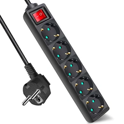 Imagen de EXTRASTAR Regleta con 5 Enchufes e Interruptor, Cable 3M, para el hogar, Oficina y Viajes, MAX 3680W, 16A, 250V, Negro, 1pc