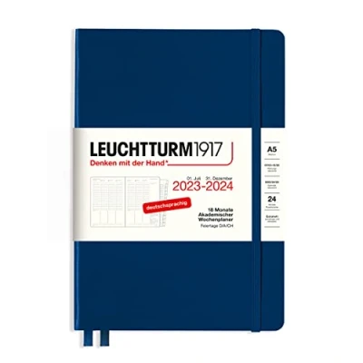 Imagen de LEUCHTTURM1917 367550 Agenda semanal académica (tamaño A5) 2024, 18 meses, azul marino, alemán