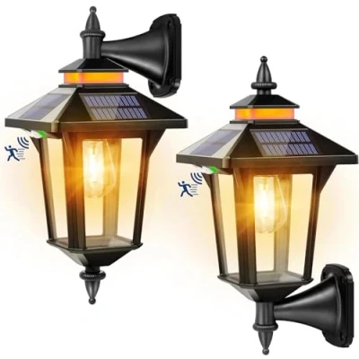 Imagen de Moman Luz Solar Exterior, Faroles Solares Exterior Vintage con Sensor de Movimiento 3 Modos Impermeable IP65 Aplique Pared 2 Piezas para Garaje Jardin Patio, Farola Foco