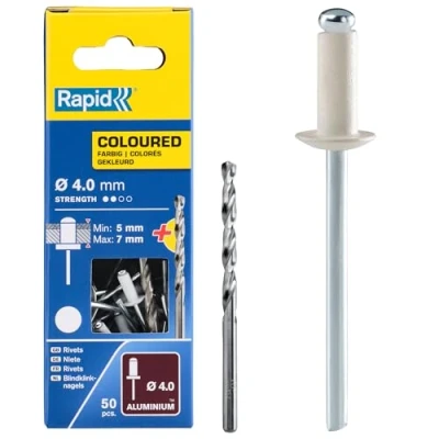 Imagen de Rapid Remaches de Aluminio Blanco Gran Resistencia, Ø4 x 10 mm 4 para Canalones, Tuberías y Chapa Incluye Taladro 50 Piezas (5001463)
