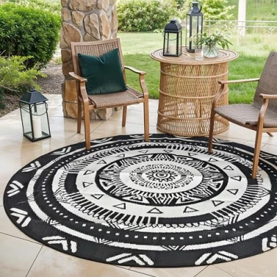 Imagen de EVOCAMP Alfombra redonda de exterior 240 cm diámetro, plástico, resistente a la intemperie y ligera, manta picnic para exteriores, fibra terraza balcón, color blanco