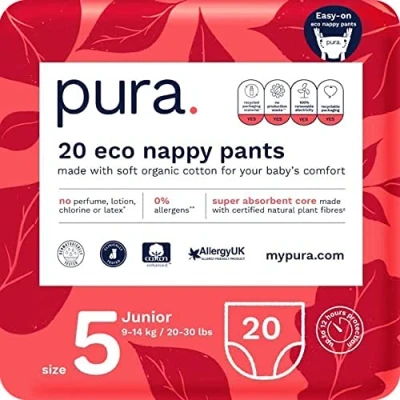 Imagen de Pura Pañales Braguita, Talla 5 (9 14kg), 20 (1 Paquete), Certificado EU Ecolabel, Adecuados para Pieles Sensibles, Hechos de Algodón Orgánico, Sin Fragancia, Ultra Absorbentes
