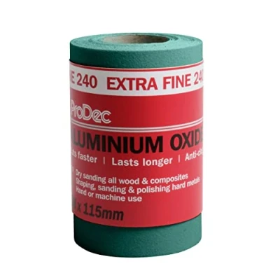 Imagen de ProDec Rollo de papel lija abrasivo óxido aluminio verde grado extrafino grano 240 5 m para lijar madera, pintura, yeso, relleno, metal y más, 115 mm ancho