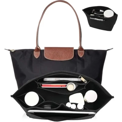 Imagen de UMIUP organizador de bolso mano fieltro multibolsillo, plegable para insert for Wallet Organizer Longchamp (negro, mediano)