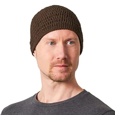 Imagen de CHARM Sombrero Hombre Kufi Gorro de Punto Crochet Algodón para Oración Verano Hecho A Mano Marrón Oscuro L