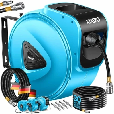 Imagen de MASKO® Enrollador de manguera aire comprimido automática, Conexión 1/4, mangueras, Soporte mangueras montado en la pared, comprimido, azul, 30m