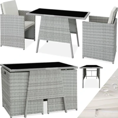 Imagen de TecTake® Conjunto Jardín Exterior de Ratán y Aluminio, Muebles Resistente a la Intemperie, 2 Sillas con Cojines, Mesa Cristal Florero, Apilable, Fundas Extraíbles Gris Claro