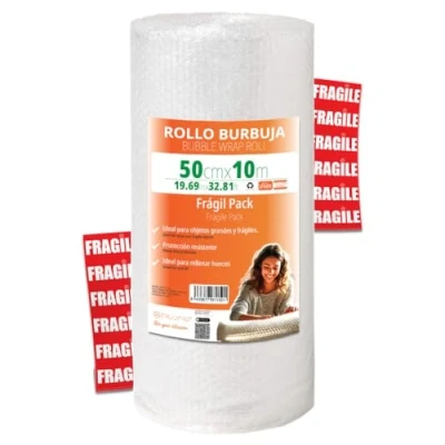 Imagen de OFITURIA papel Burbujas Embalaje 50cm x 10m Pack Frágil con 12 Etiquetas FRÁGIL ideal para embalaje, burbuja, mudanza, bubble wrap