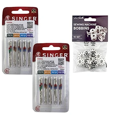 Imagen de Pack de 10 Agujas para Máquinas Coser Singer 2020 Universales Grosores 70 80 90 100 Tejidos Algodón y Sintéticos 130/705 H (Talón plano un lado) + Canillas Metálicas