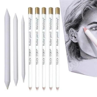 Imagen de Kiuiom Resaltar Dibujo Lápiz, Lápices Blancos de Dibujo, Lápiz Carbón Blanco, 5PCS para Resaltado con 3 Difuminadores Borrador Herramienta Pluma