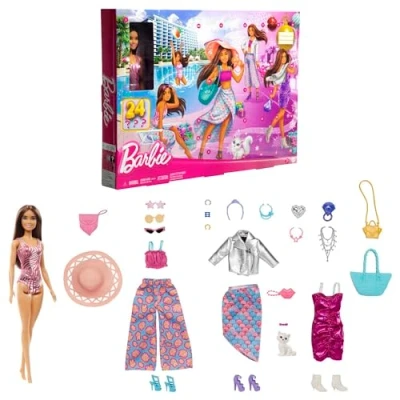 Imagen de Barbie Calendario de Adviento con muñeca morena y 24 accesorios sorpresa moda veraniega, gafas, zapatos accesorios, juguete +3 años (HKB09)